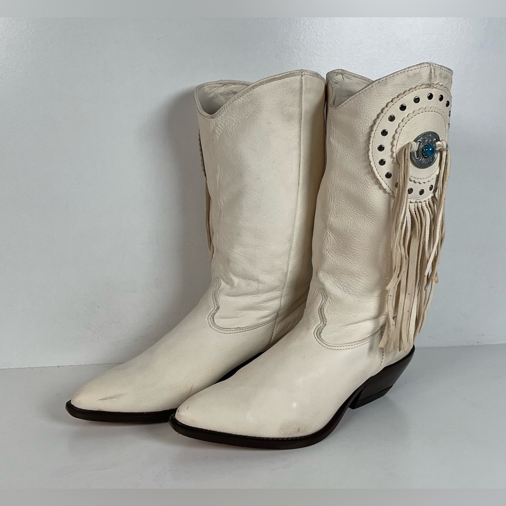 Vintage Zodiac Native Fringe Cowgirl Boots | USA Made | White | Women’s 9 M